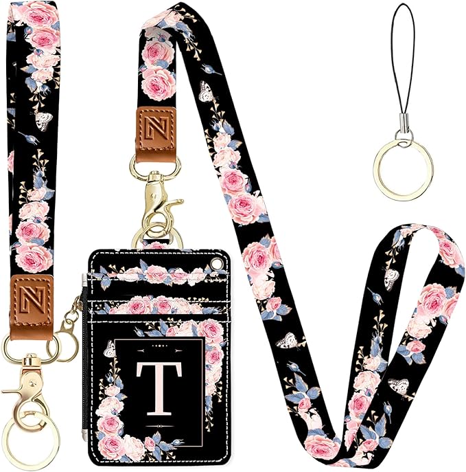 A-Z Letter 2-in-1 ID Badge Holder & Lanyard Wallet for Teachers,Nurse,Professionals-Cute Zippered Coin Pouch,Removable Wristlet & Neck Lanyard,5 Card Slots Stylish Work Essential T