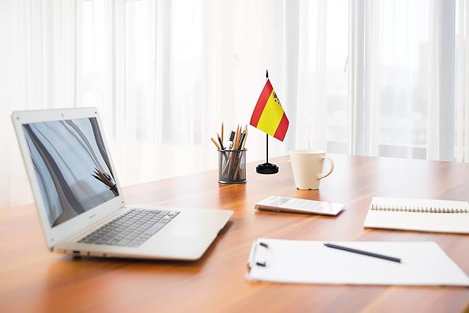 USA American & Spain Spanish Desk Flags, US Spain Table Flag, Small Mini Miniature Spanish and US Desktop Flag With 13" Solid Black Pole, Black Base