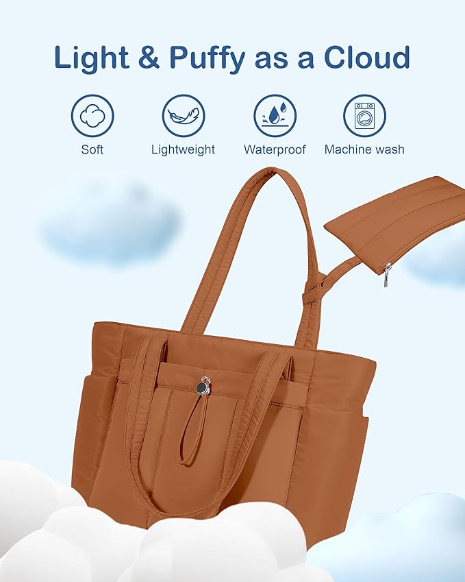 TOPDesign Puffy Tote Bag for Women with Cup Holder & Laptop Compartment & Cosmetic Bag & Trolley Sleeve for Work, Travel