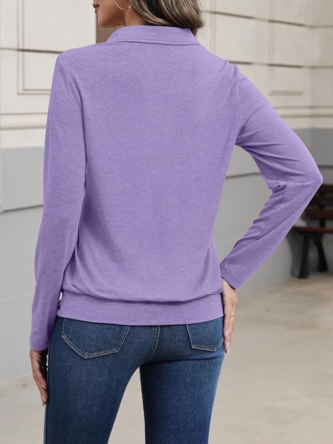 Womens Polo Shirts Long Sleeve Banded Bottom Tops Business Casual Tops Collared V Neck Blouses
