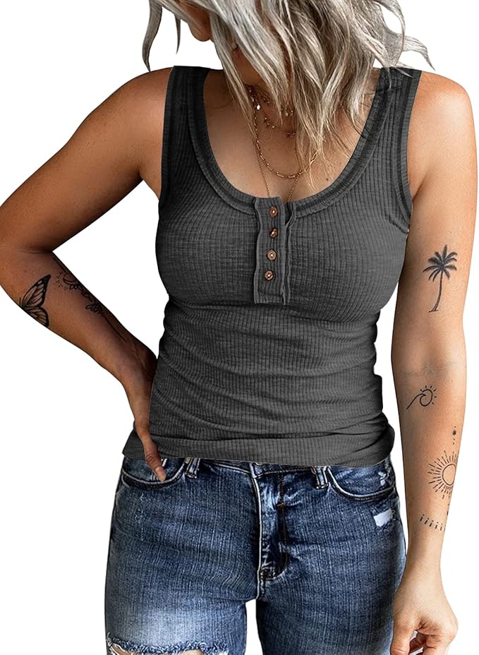 KINLONSAIR Women's Sleeveless Henley Tank Tops Ribbed V Neck Button Down T Shirts Summer Slim Fit Tee Tops