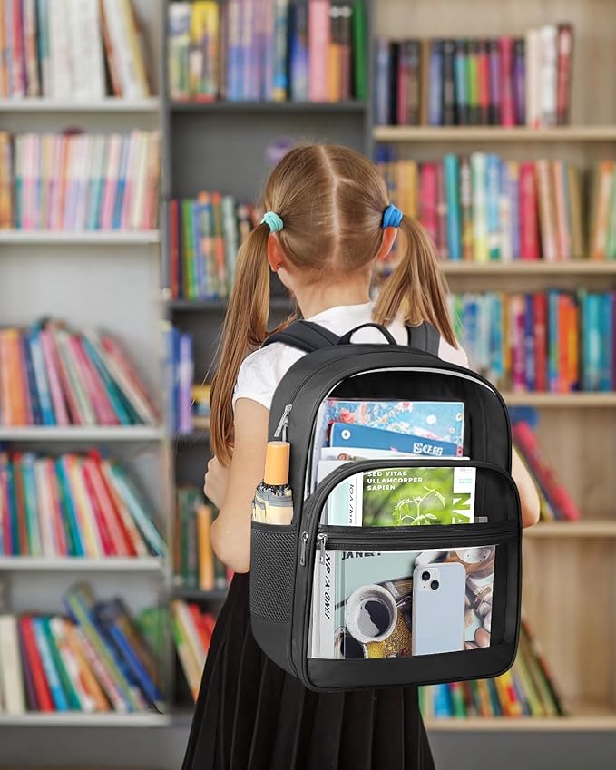 KIMNERPU Clear Backpack, Heavy Duty Transparent Bookbag for School, Fabric & PVC Transparent Backpack with Reinforced Strap for Women Men, Capacity Clear Bag for College, Medium Black