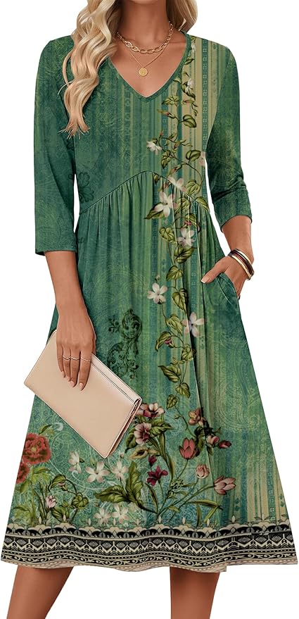 ZEAGOO 3/4 Sleeve Women's Dress Casual Flowy A-Line Midi Tshirt Dresses with Pocket Empire Waist Summer Boho Beach Sundress
