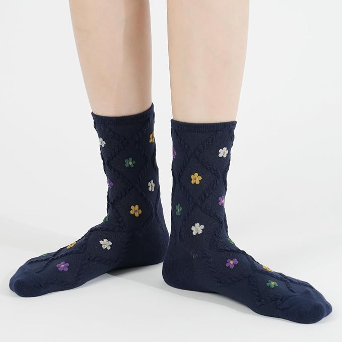 Kikiya Women's Cotton Crew Socks - Cute Flower Graphic Polka Dot Striped Heart Patterned - Ladies Girls Casual Socks Size 6-8