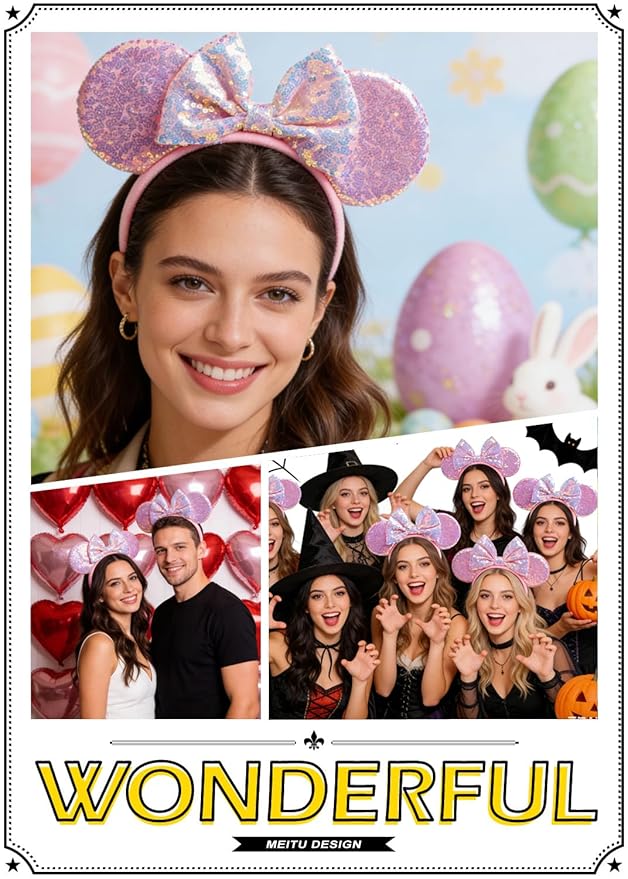 WW-WONDERFULWORLD Unisex Mouse Ears Headbands With Bow & Sequins, for Cartoon Princess Costume Cosplay Decoration, Glitter Christmas Party for Women & Adult; FG1 (Soft Flannel Pink)