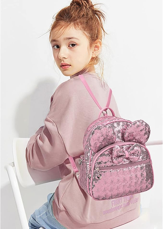 KL928 Girls Mini Backpack Bowknot Polka Dot Cute Daypacks Convertible Shoulder Bag Purse for Women (Sequin Pink)