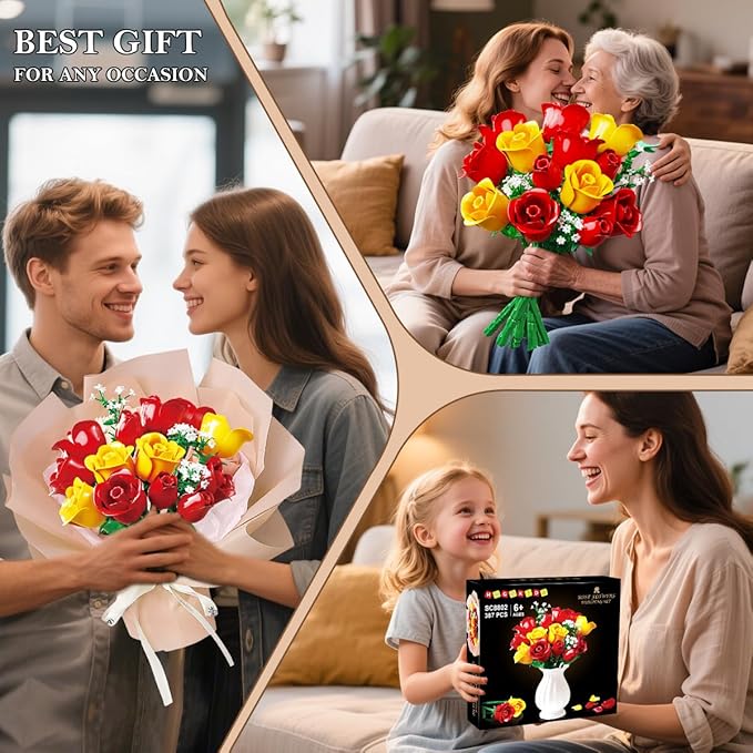 HOGOKIDS Flowers Bouquet Building Set with Lights - 16 Roses Bouquet Botanical Building Blocks Artificial Red Roses Flower for Home Decor Birthday Valentines Gifts for Adults Girl - 387PCS (Yellow)