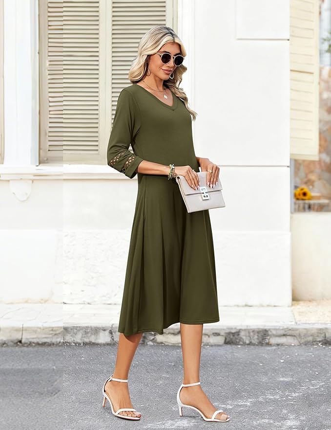 Zeagoo Women's Dresses 3/4 Sleeve Summer Casual V-Neck A Line Flowy Eyelet Midi Dress for Women Beach Vacation Sundress