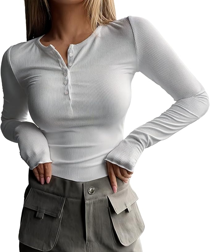 MARSVOVO Fashion Crop Tops for Women Scoop Neck Button Comfy Ribbed Slim Fit Cute Shirts Casual Party Fall Tops