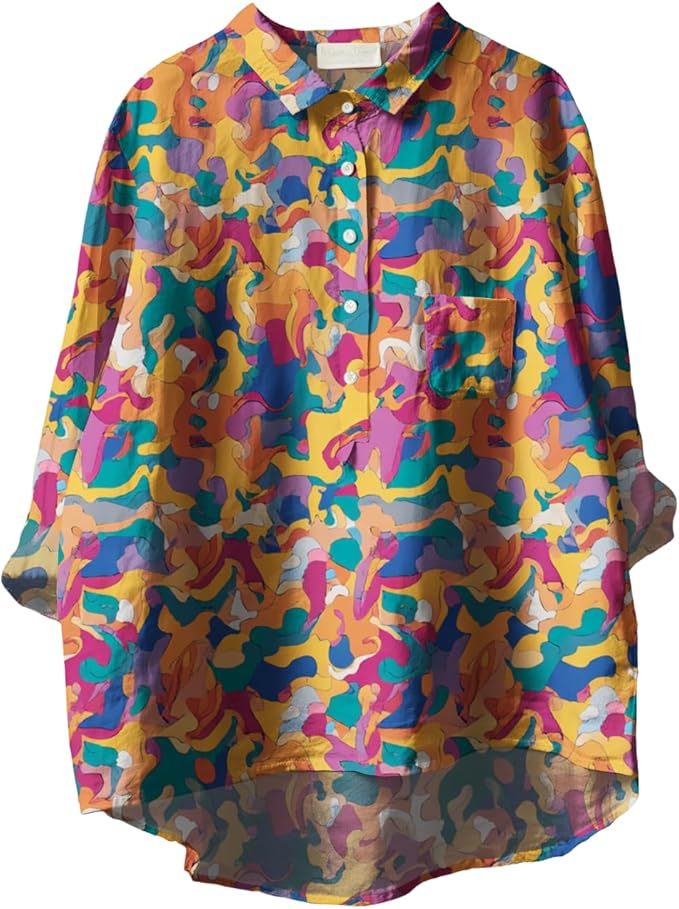 Womens Boho Tops 3/4 Long Sleeve Floral Blouses Hawaii Beach Button Down Shirts V Neck Pullover Casual Tunics