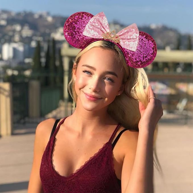 RAZKO Minnie Ears Headband, Sequin Mickey Hairband Mouse ears Hair Accessory for Women Girls(Rose Red Crown L)