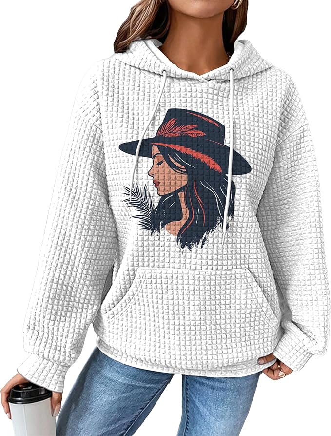 domirica Pullover Sweatshirts For Women Drawstring Long Sleeve Waffle Sweatshirt With Pocket Vintage Street Wear Qutfits