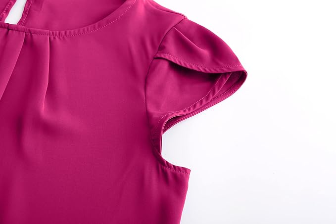 TASAMO Women's Casual Round Neck Basic Pleated Top Cap Sleeve Curved Keyhole Back Chiffon Blouse