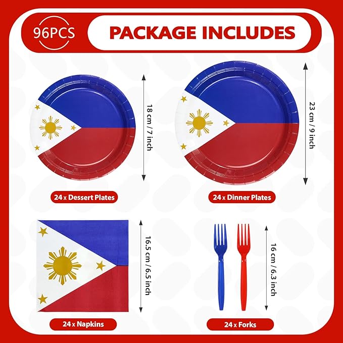 Greencian 96Pcs Philippines Flag Party Supplies Philippine National Flags Plates and Napkins Philippine Independence Day Tableware Set for National Events Patriotic Festival Decorations，Serves 24