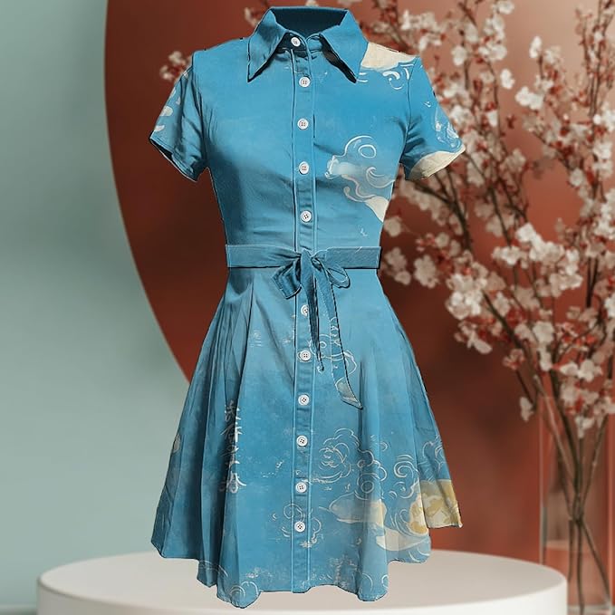 MARSVOVO Cute T Shirt Dress for Women Short Sleeve Button Up Tie Waist Elegant Casual Collared Smocked Midi Dress