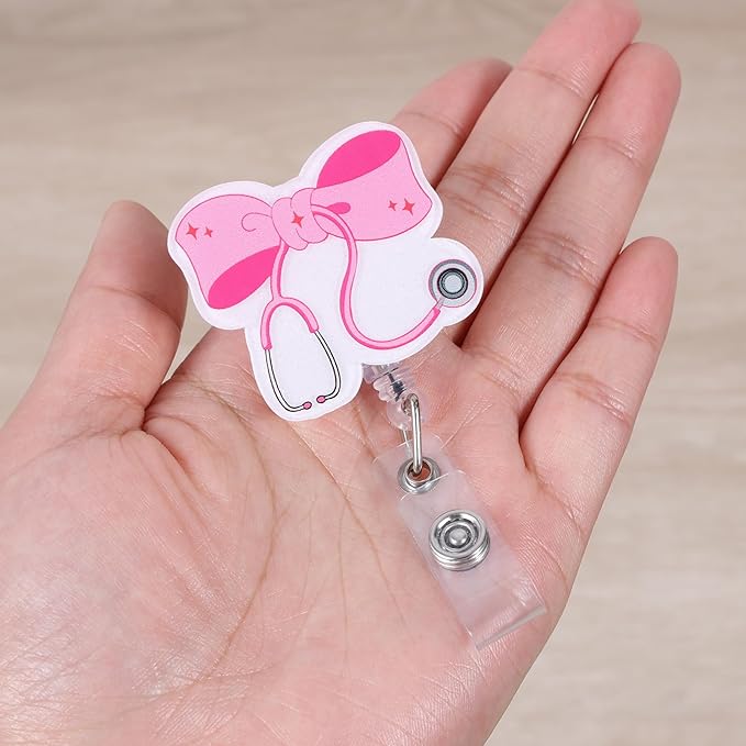 Pink Bow Stethoscope Badge Reel, Cute Retractable ID Card Badge Holder, Name Tag Work Badge Clip for ICU NICU RN LPN CNA MA ER Cardiology Night Shift Nurse Nursing Student OR GI Doctor, Nurse Gifts
