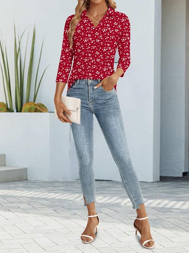 3/4 Length Sleeve Womens Tops Dressy Casual V Neck Polo Shirts Business Work Blouses 2025 Trendy Tunic Top