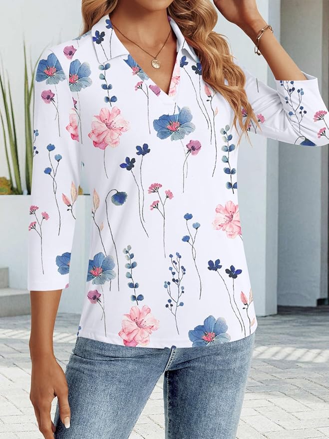 3/4 Length Sleeve Womens Tops Dressy Casual V Neck Polo Shirts Business Work Blouses 2025 Trendy Tunic Top