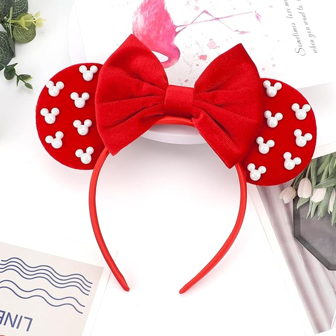 DRESHOW Mouse Ears Headbands for Women Pearl Hairbands Bow Head Bands Velvet Head Band Christmas Cosplay Costume Princess Party Decorations Halloween & Disney Trip