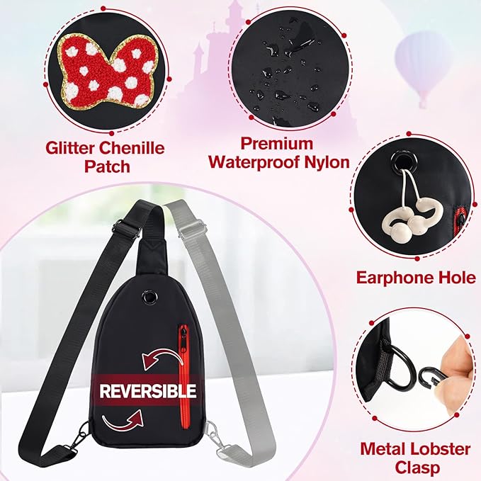 7 8 9 10 11 12 13 14 Year Old Girl Birthday Gifts, Black Initial Bow Mouse Park Small Sling Bag for Girls Daughter Women, Teen Girl Gifts Trendy Stuff Crossbody Fanny Pack Must Haves for Park Travel W