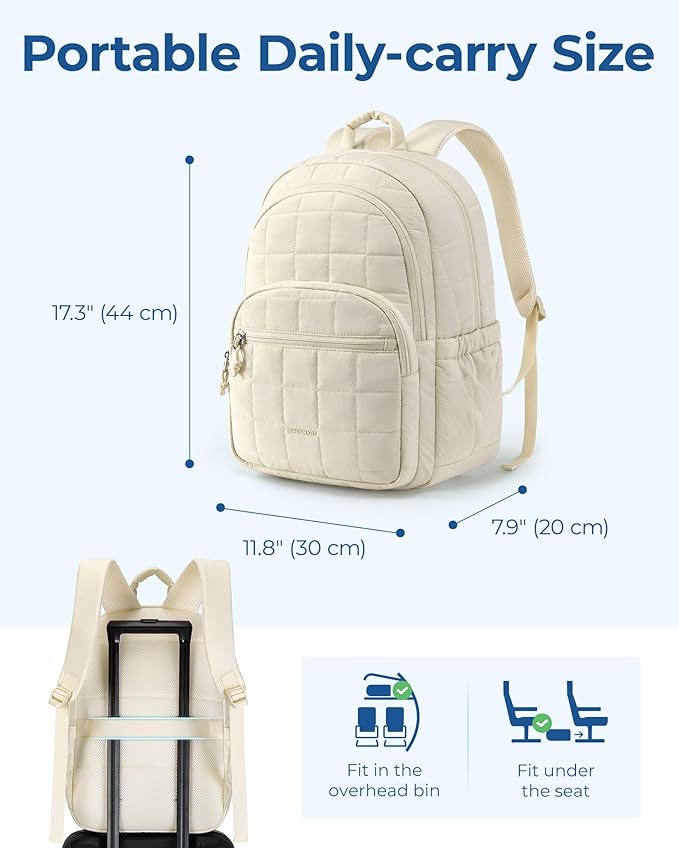 BAGSMART College Laptop Backpack, Travel Laptop Backpack for Women, Quilted Casual Daypack, Water-Resistant Bookbag for 15.6 Inch Laptop, Beige