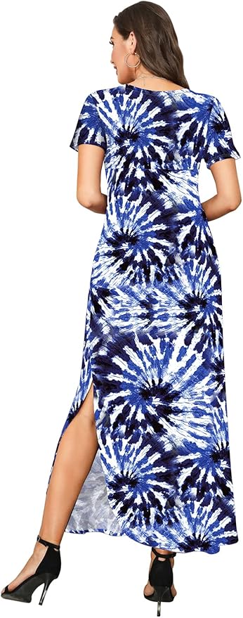 Arolina Women's Summer Maxi Dress Short Sleeve V Neck Casual Loose Long Beach Split Dresses with Pockets