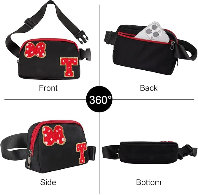 Initial Letter Bow Mouse-Ear Fanny Pack for Teen Girls,Cute Chenille Belt Bag Crossbody Travel Waist Pack for Women&Kids,Personalized Gift for Theme Park,School & Travel, Birthday Christmas(T)