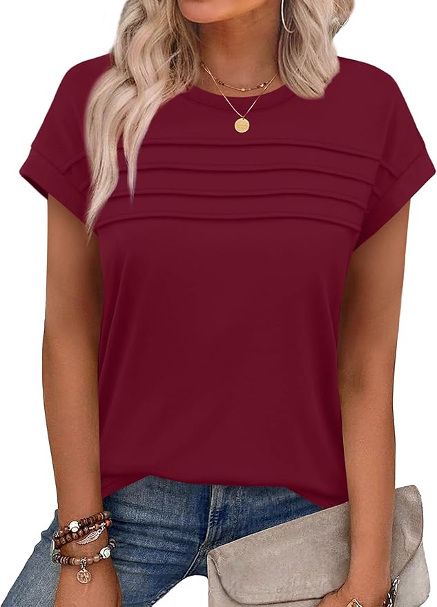 WEESO Womens Summer Tops Trendy 2026 Cap Sleeve T Shirts Crew Neck Pleated Front Beach Vacation Clothes Fashion