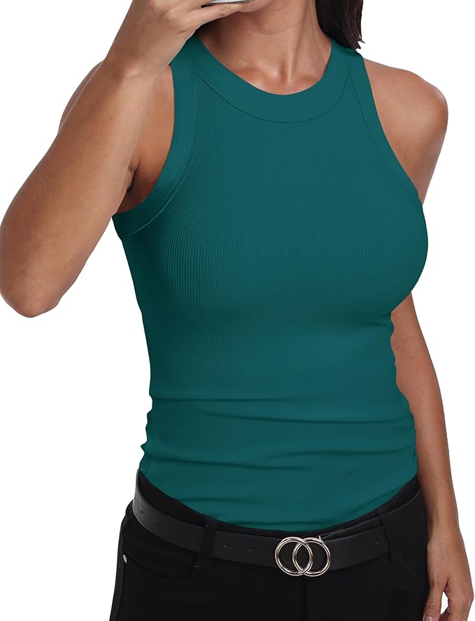 GEMBERA Womens Sleeveless Racerback High Neck Casual Basic Cotton Ribbed Fitted Tank Top