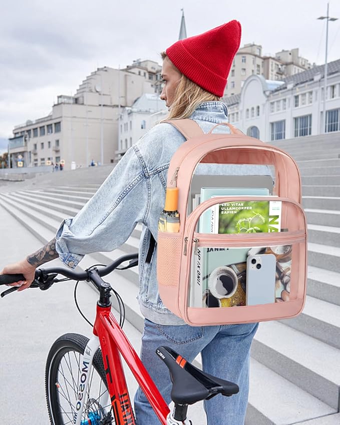 KIMNERPU Clear Backpack, Heavy Duty Transparent Bookbag for School, Fabric & PVC Transparent Backpack with Reinforced Strap for Women Men, Capacity Clear Bag for College, Travel, Security, Pink