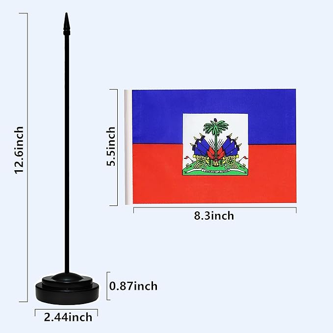 USA American & Haiti Haitian Desk Flags, US Haiti Table Flag, Small Mini American & Haitian Twin Table Office Flag, Miniature Haitian and US Desktop Flag With 13" Solid Black Pole, Black Base