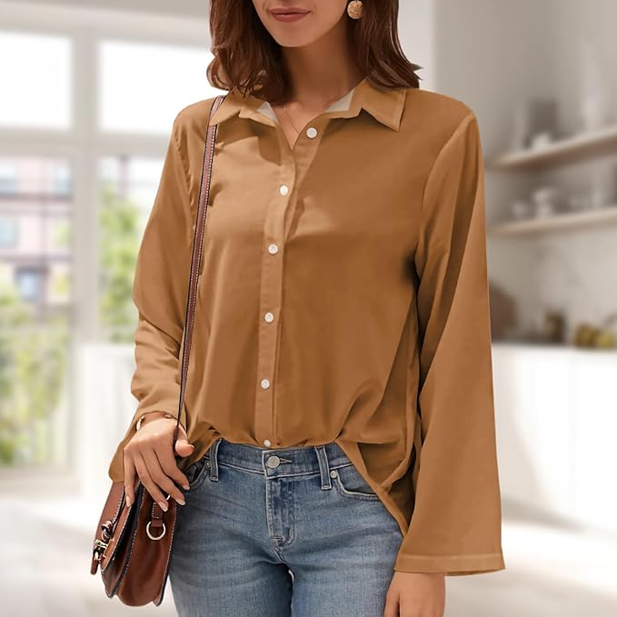 Womens Classic Shirts Casual Button Solid Color Long Sleeve Work Blouse Collared Relaxed Fit Summer Tops
