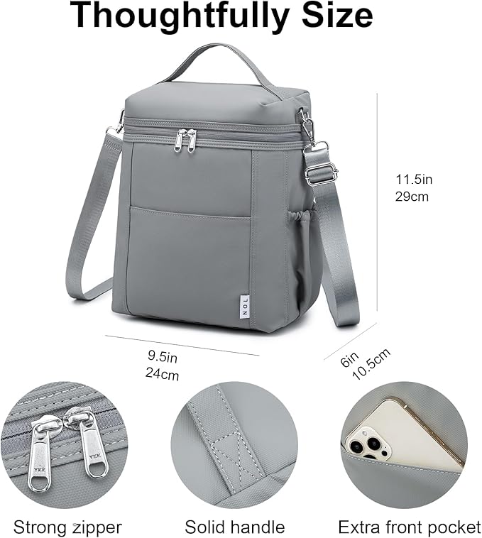 NOL Natural Organic Lifestyle Insulated Lunch Bags for Women Cooler Bag Lightweight Nylon Waterproof Lunch Box For Work (Gray, Large)