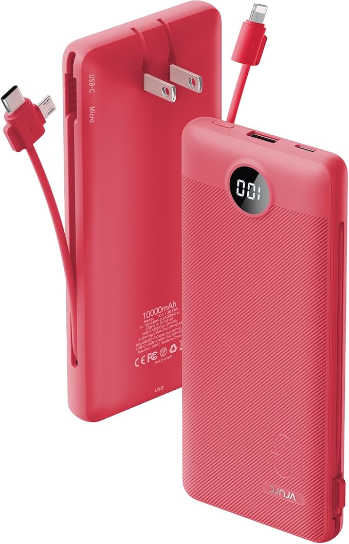 Portable Charger Built-in Cables and AC Wall Plug, VRURC USB C Power Bank 10000mAh, Travel Battery Portable Phone Charger Compact Lightweight External Battery Pack for SmartPhones,Tablets-Viva Magenta