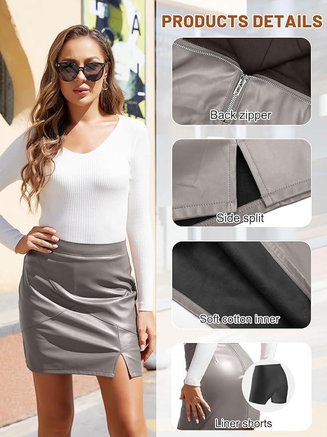 We1Fit Womens Fuax Leather Skirt High Waisted Bodycon Pencil Mini Skirts with Shorts