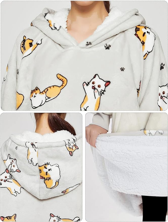 KFUBUO Wearable Blanket Hoodie for Adults Long Sherpa All Patterns Cat Oversized Sweatshirt Blanket with Pockets Birthday Gifts for Women