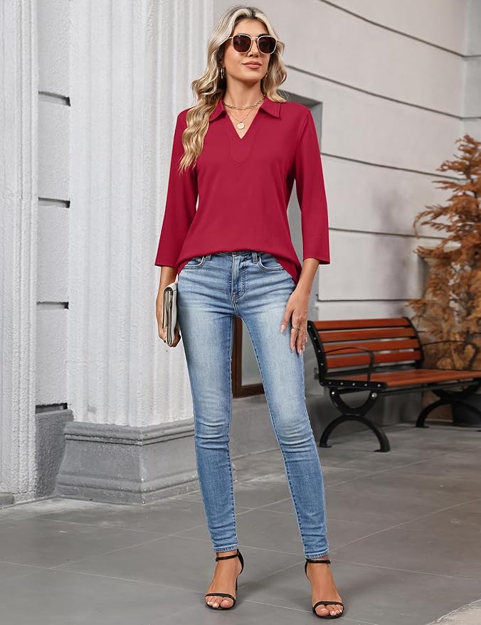 LOMON 3/4 Length Sleeve Womens Tops 2026 Spring Summer Collared Polo Shirts V Neck Casual Basic Polos Tees Shirt