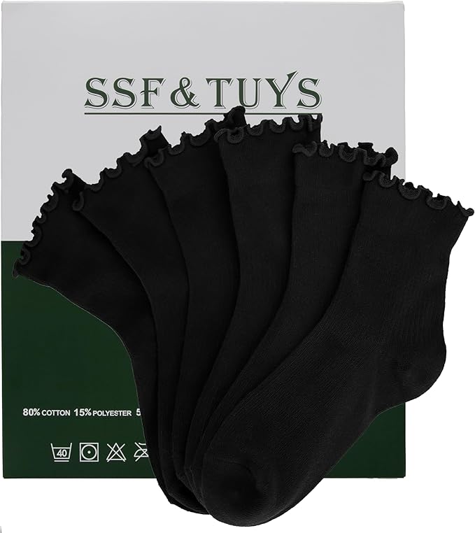 SSF&TUYS Ruffle Socks for Women – Soft Cotton Frilly Ankle Socks, Cute, Breathable & Comfy, 6 Pairs