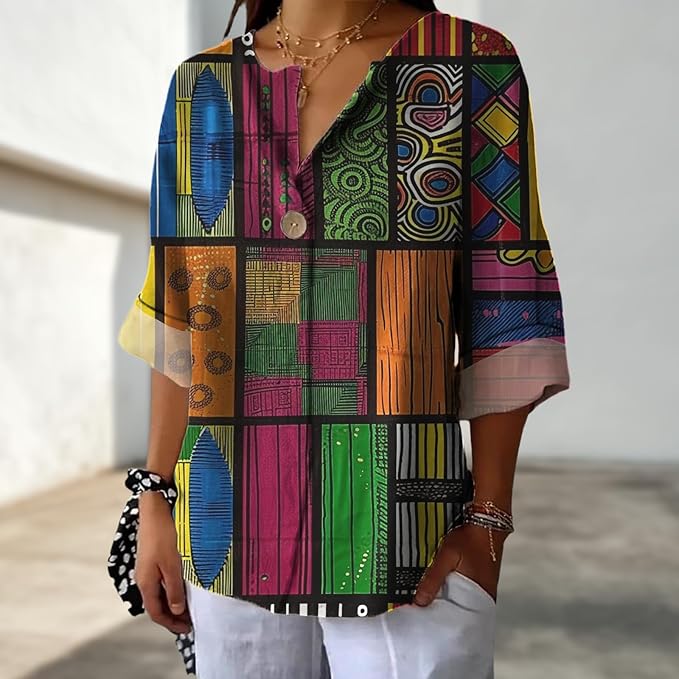 Long Sleeve Shirts for Women V Neck Button Boho Graphic Blouses Casual Collared Fashion Summer Flowing Tops
