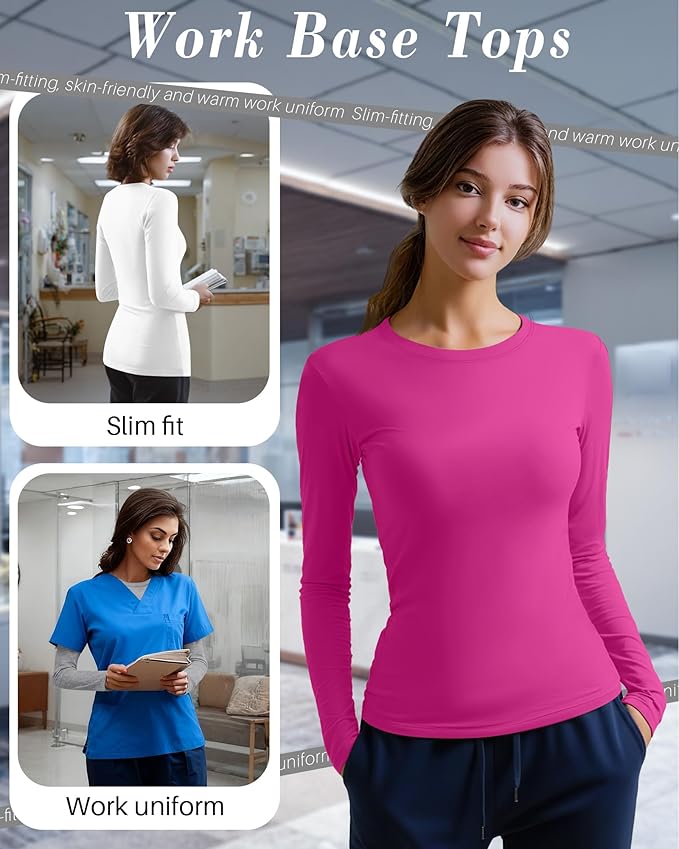 4 Pack Women's Underscrub Shirts Nurse Undershirts Long Sleeve Crewneck Slim Fit Tops Soft Stretchy Basic Tee