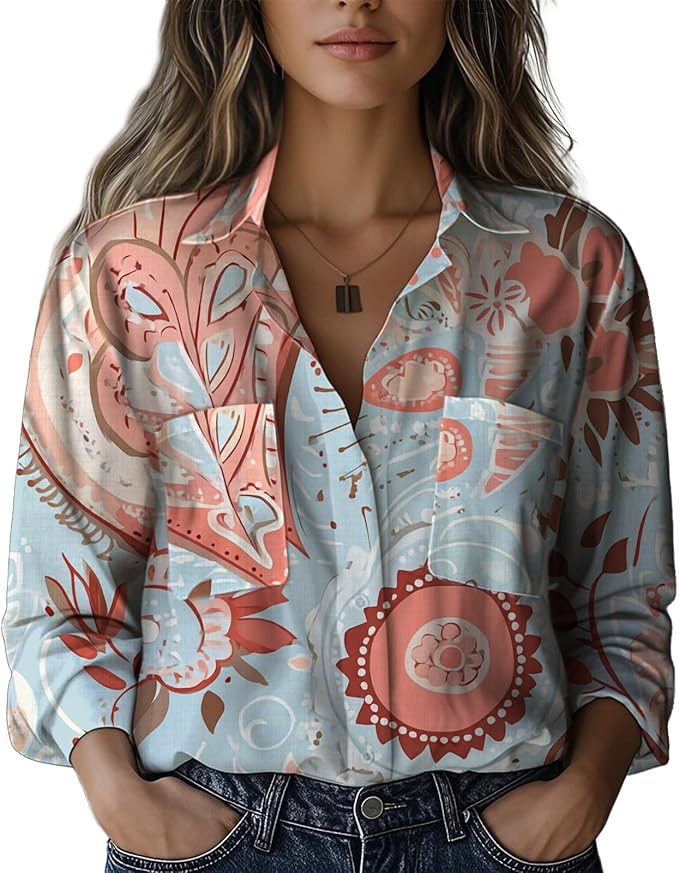 Boho Shirts for Women Vintage Graphic Casual Lightweight Long Sleeve Dressy Gauze V Neck Oversized Beach Top