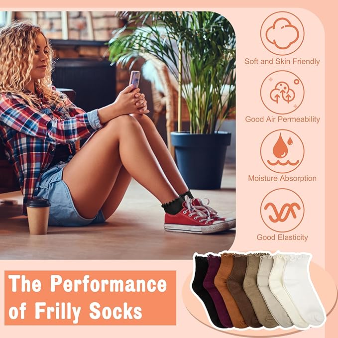 Justay 8 Pairs Ruffle Socks Woman Cute Frilly Soft Cotton Crew Ankle Socks for Women Gifts