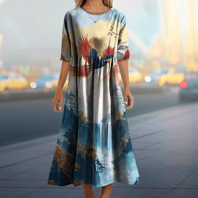 MARSVOVO Trendy Dresses for Women 2025 Classic Fairy Flowy Sundress Relaxed Fit Dress with Side Pockets