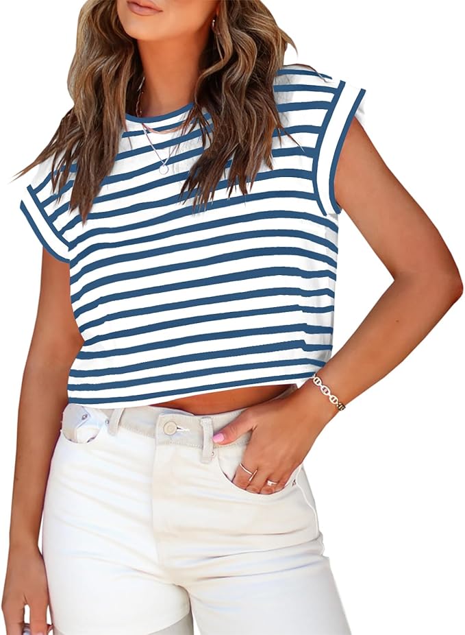 Tankaneo Womens Short Sleeve Cropped T-Shirts Summer Rolled Dolman Sleeve Crop Tops Casual Round Neck Solid Short Basic Tees
