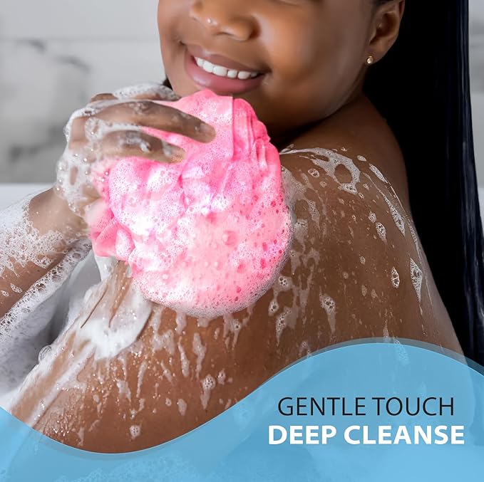SHOWER BOUQUET Pink-Loofah Bath-Sponge XL 4-Pack // Extra Large 75g Soft Mesh Net Pink Loofa Loufa Luffa Lufa Puff Set/Exfoliating Body Scrubber for Women and Men - Exfoliate & Soothe Face & Body