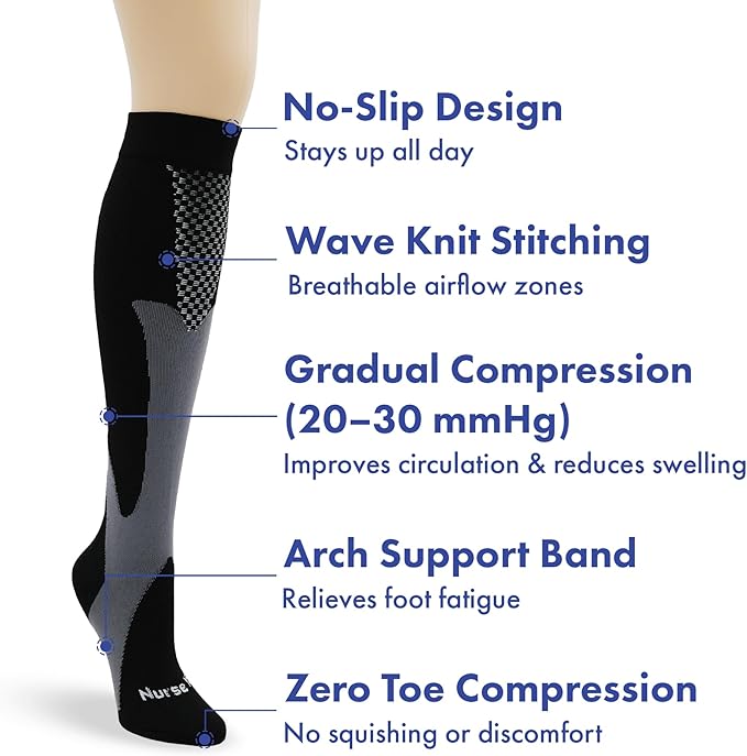 Nurse Yard Compression Socks for Nurses - Women & Men - 20-30mmHg Graduated Compression, Zero-Toe Compression, For Medical Staff, Nursing, Athletic Support Such As Running, Cycling, Hiking - 1 Pair