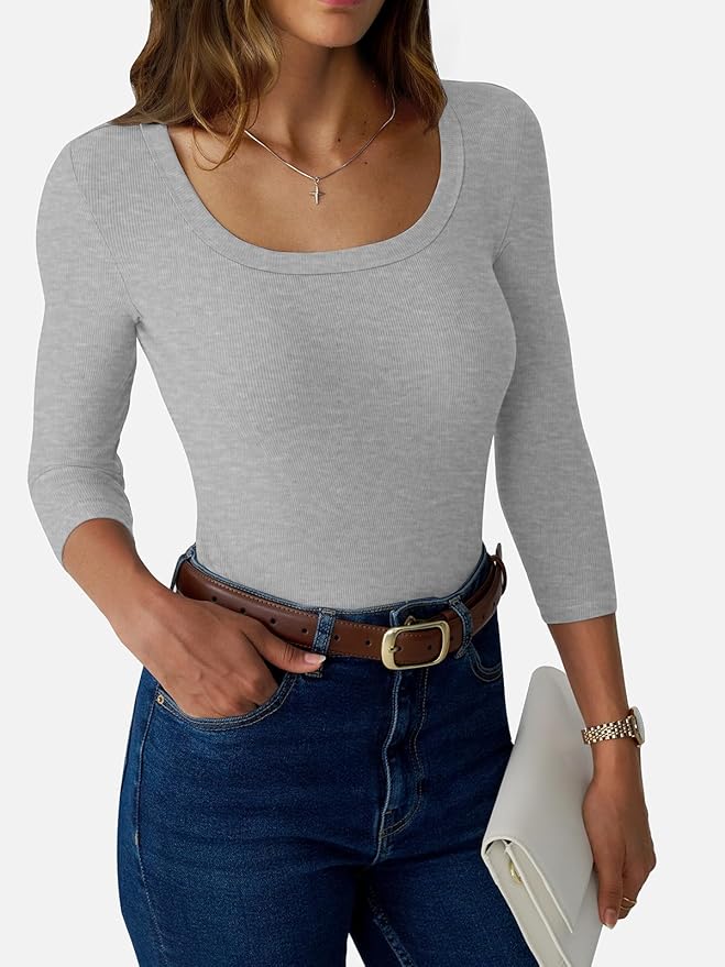 Womens 3/4 Sleeve Scoop Neck Top Ribbed Knit Slim Fitted Casual Basic Tee Shirts 2025 Fall Trendy Work T-Shirt Outfits