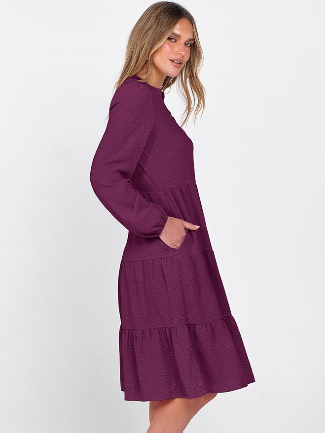 ANRABESS Womens Fall Midi Dresses Long Sleeve V Neck Swing Tiered Work Business Casual 2026 Flowy Beach Vacation Dress