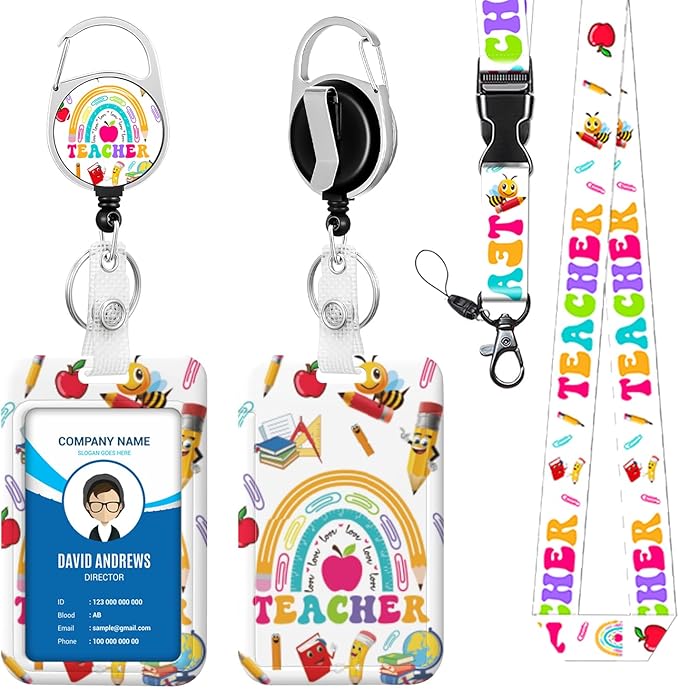 Lanyard for ID Badge Holder Badge Reel Rainbow School Teacher for Man Women Cute Nurse Teacher Name Tag Clip Retractable Keychain Heavy Duty Work Office Gifts Accessories