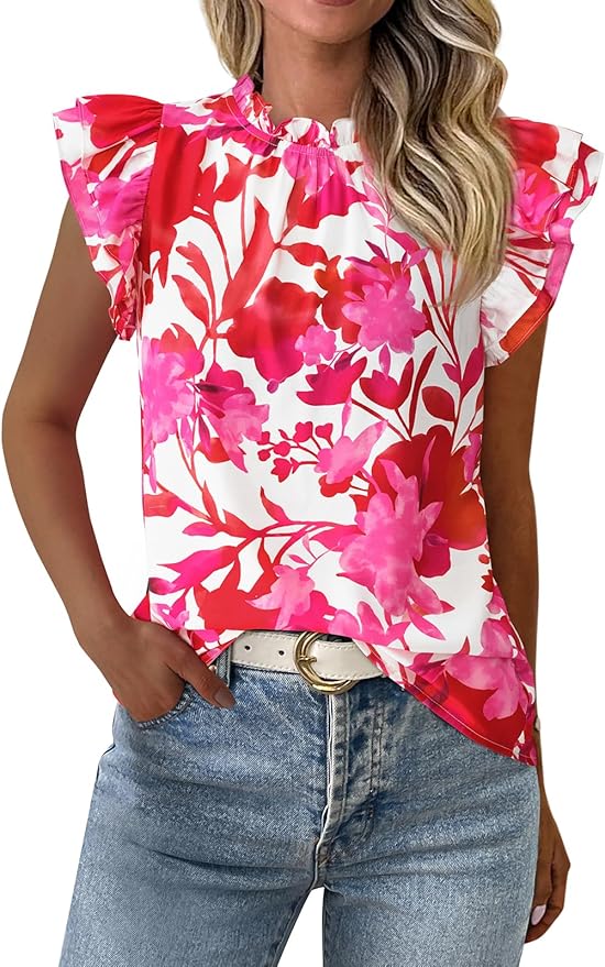 PRETTYGARDEN Women's Ruffle Short Sleeve Summer Tops 2026 Trendy Floral Trim Neck Casual Dressy Chiffon Boho Blouses Shirts